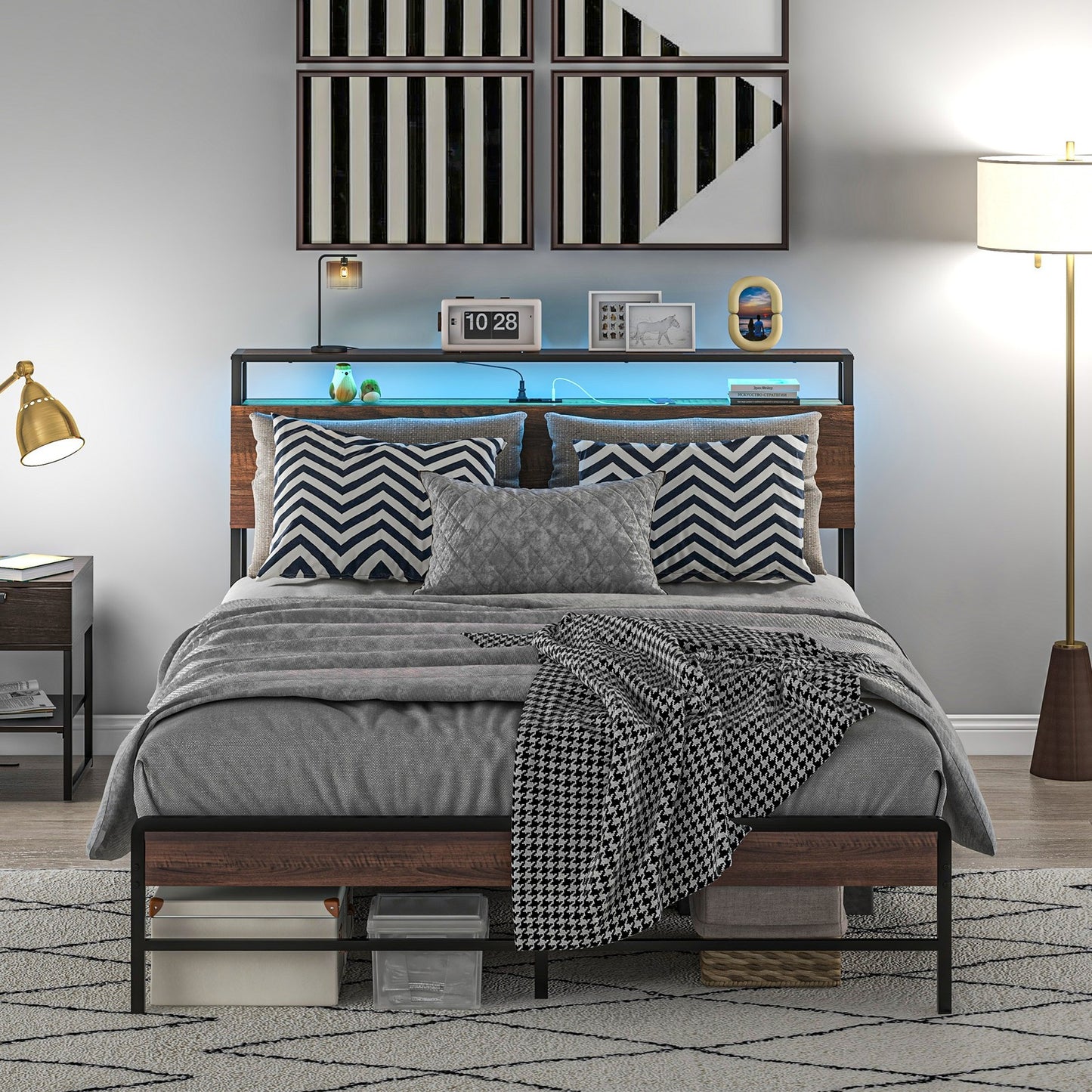 Queen Bed Frame with Headboard, LED Lights, Charging Station, Walnut