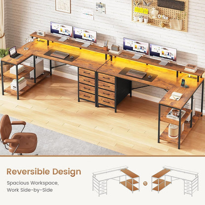 L Shaped Desk with 4 Drawers &Storage Shelves, Corner Computer Desk w/LED Lights