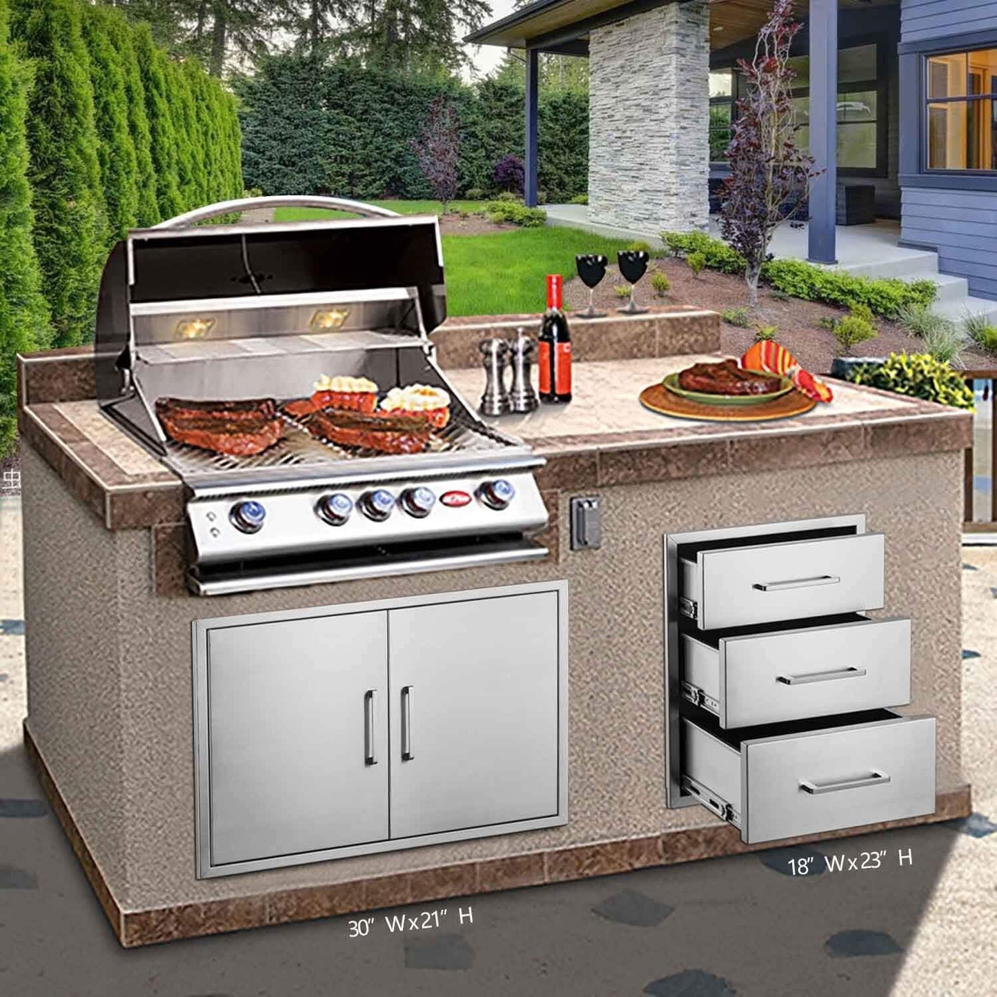 Outdoor Kitchen Drawers Stainless Steel 3-Drawer BBQ Drawer 18"W x 23"H x 23"D