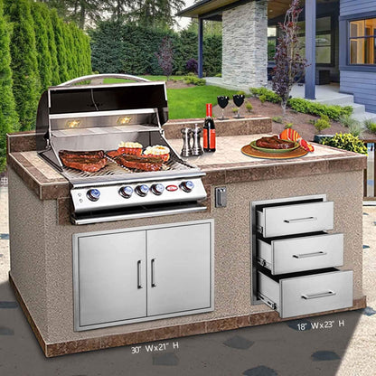 Outdoor Kitchen Drawers Stainless Steel 3-Drawer BBQ Drawer 18"W x 23"H x 23"D