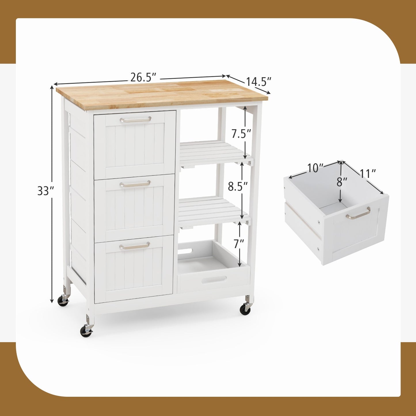Kitchen Island Cart Mobile Storage Organizer w/ 3 Large Drawers 2 Open Shelves