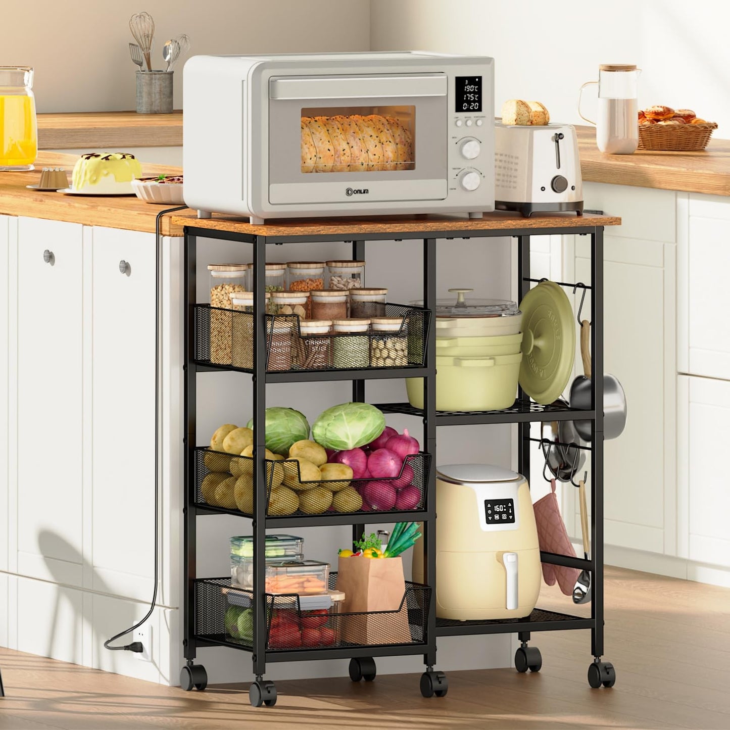 Rolling Kitchen Storage Microwave Cart, Kitchen Island with Adjustable Shelf ...
