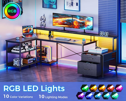 Reversible L Shaped Computer Desk Gaming Desk w/ Power Outlet & LED Strip,Black