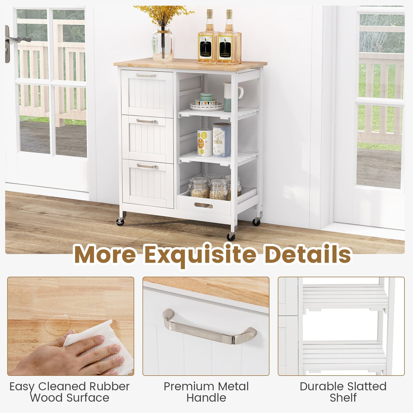 Kitchen Island Cart Mobile Storage Organizer w/ 3 Large Drawers 2 Open Shelves