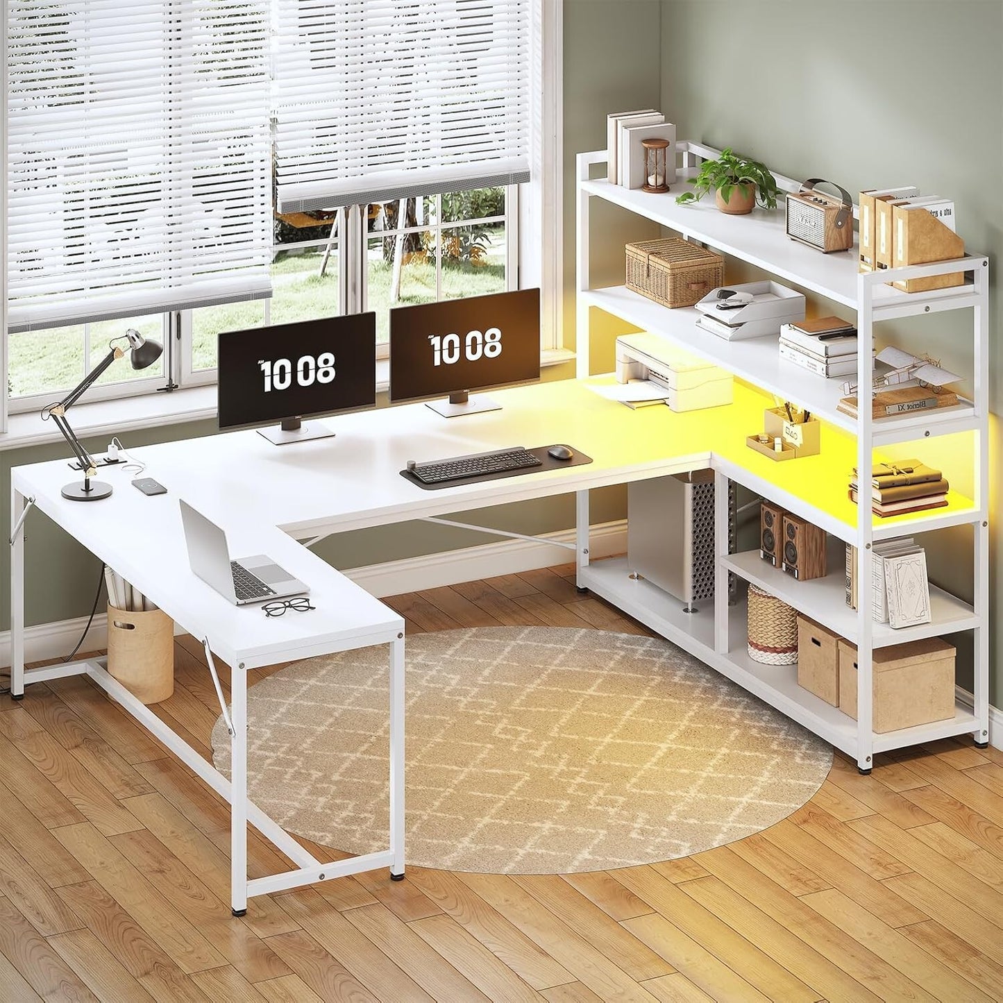 L Shaped Computer Desk, 63" Reversible Office Desk w/Storage Shelves &LED Lights