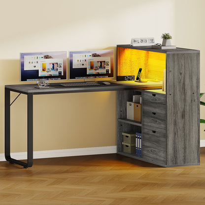 55" Computer Desk L Shaped Desk with Drawers & Power Outlets with Bookshelf