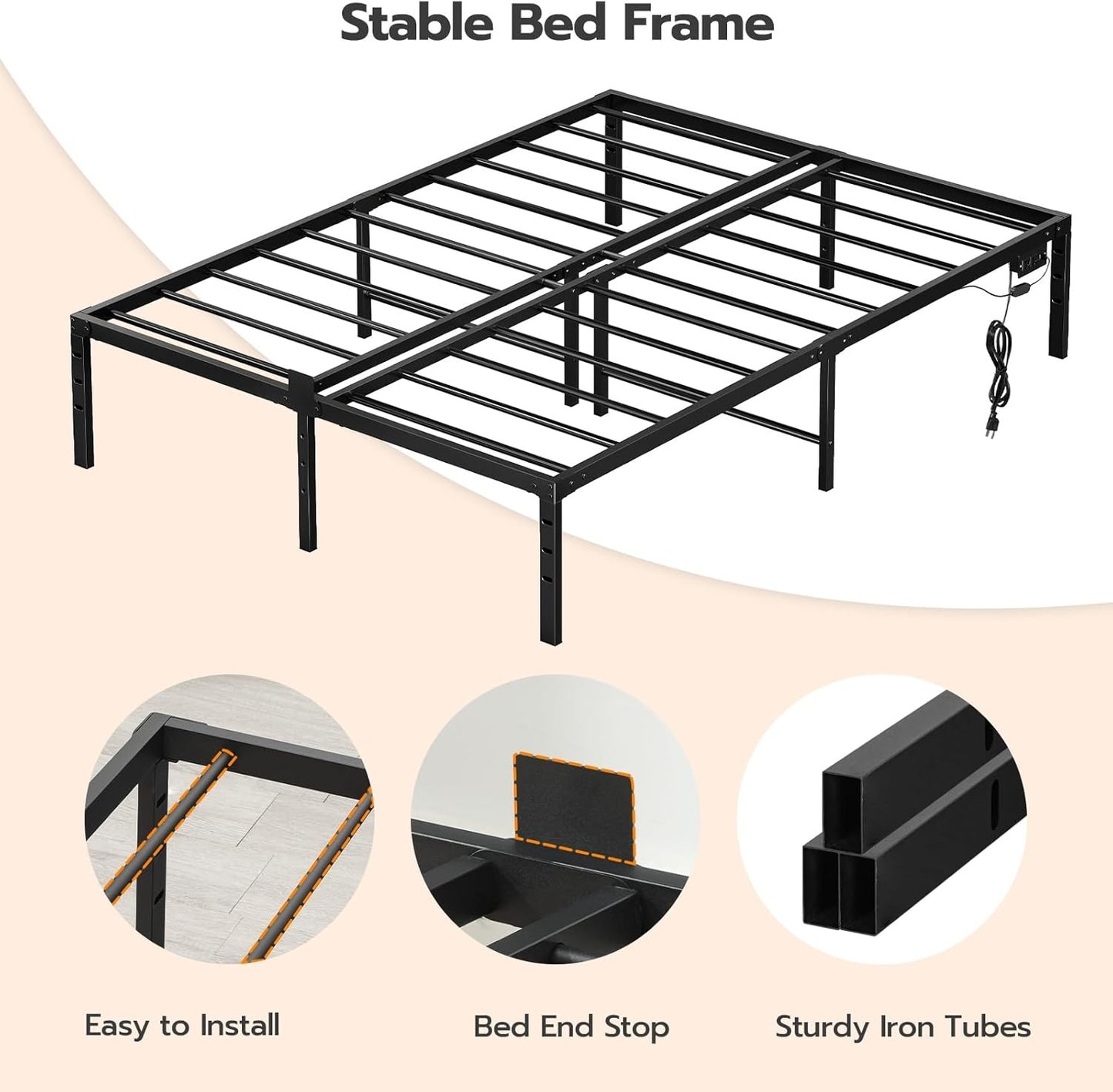 Full Bed Frame with LED Lights Metal Platform Bed Frame with Charging Station