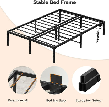 Full Bed Frame with LED Lights Metal Platform Bed Frame with Charging Station