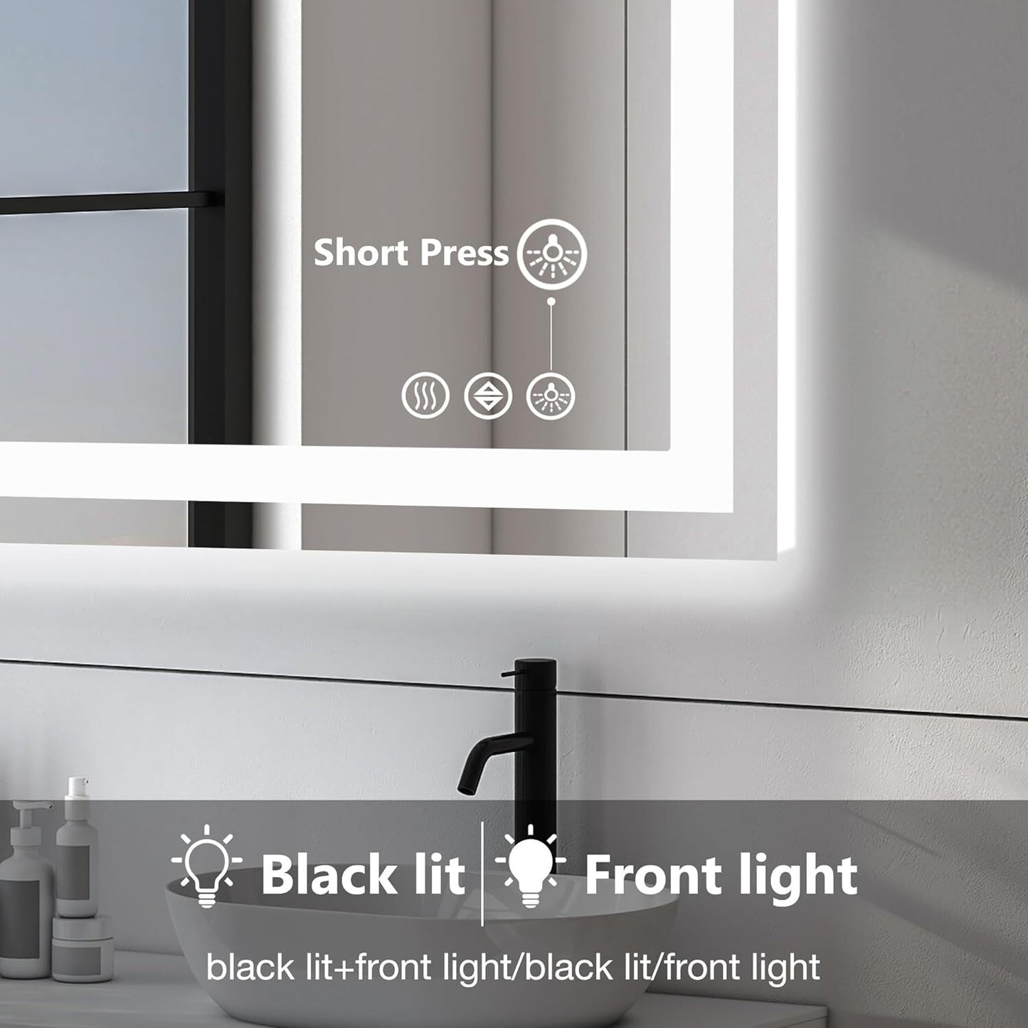 LED Dimmable Lighted Bathroom Mirror Anti-Fog Wall Mounted Rectangle Mirror