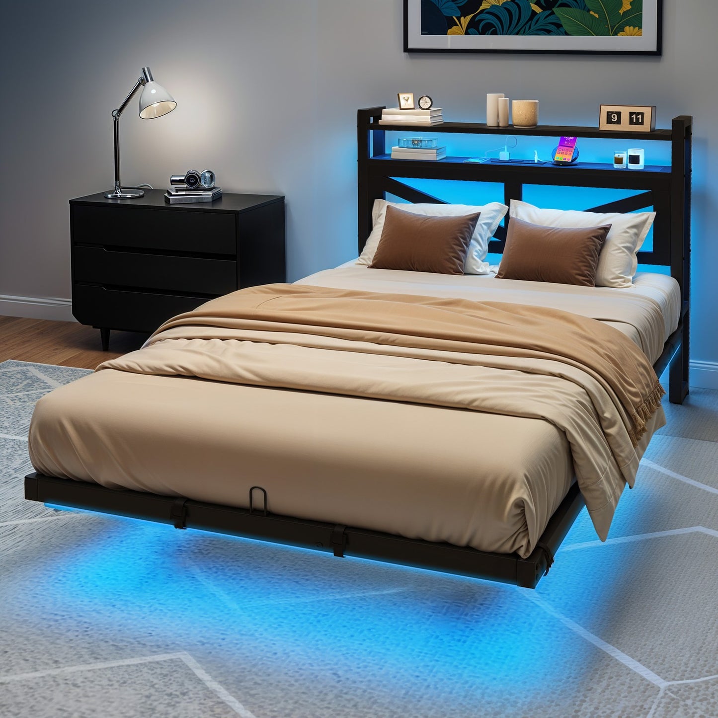 Twin Size Floating Bedroom Bed Frame with USB Charging Port & LED Lights Metal