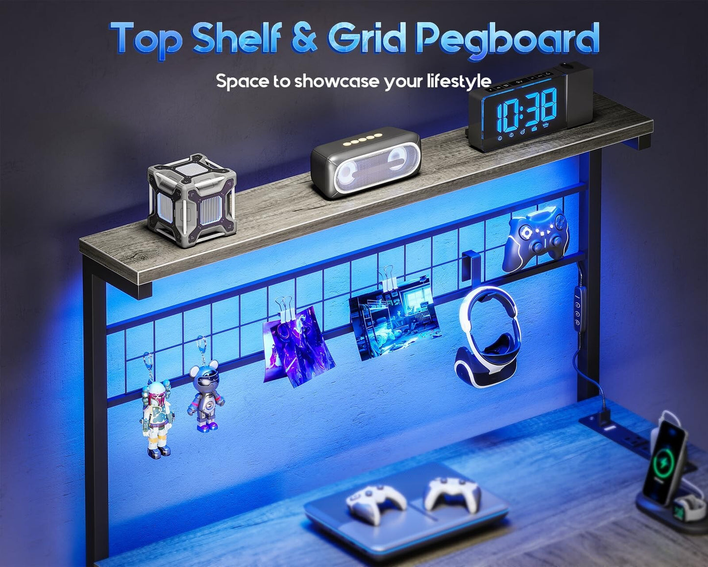 Office Table Reversible Computer Desk L Shaped Gaming Desk w/ Hook & LED Lights