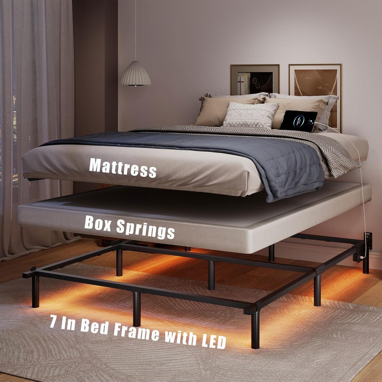 Queen Size Bed Frame with LED, 7 Inch Metal Steel Bedframe for Box Spring and Ma