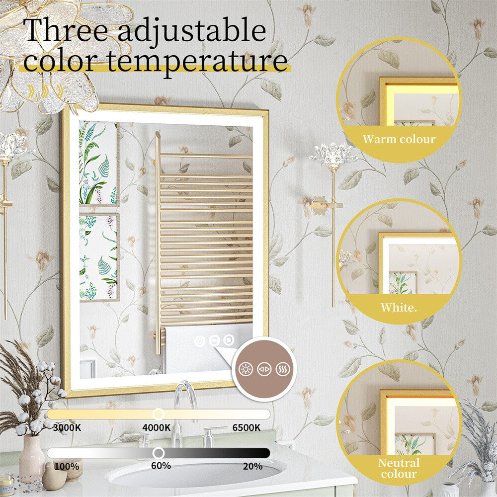 LED Mirror Bathroom Wall Mirrors w/ Lights Gold Frame Dimmable 3 Colors Anti-fog