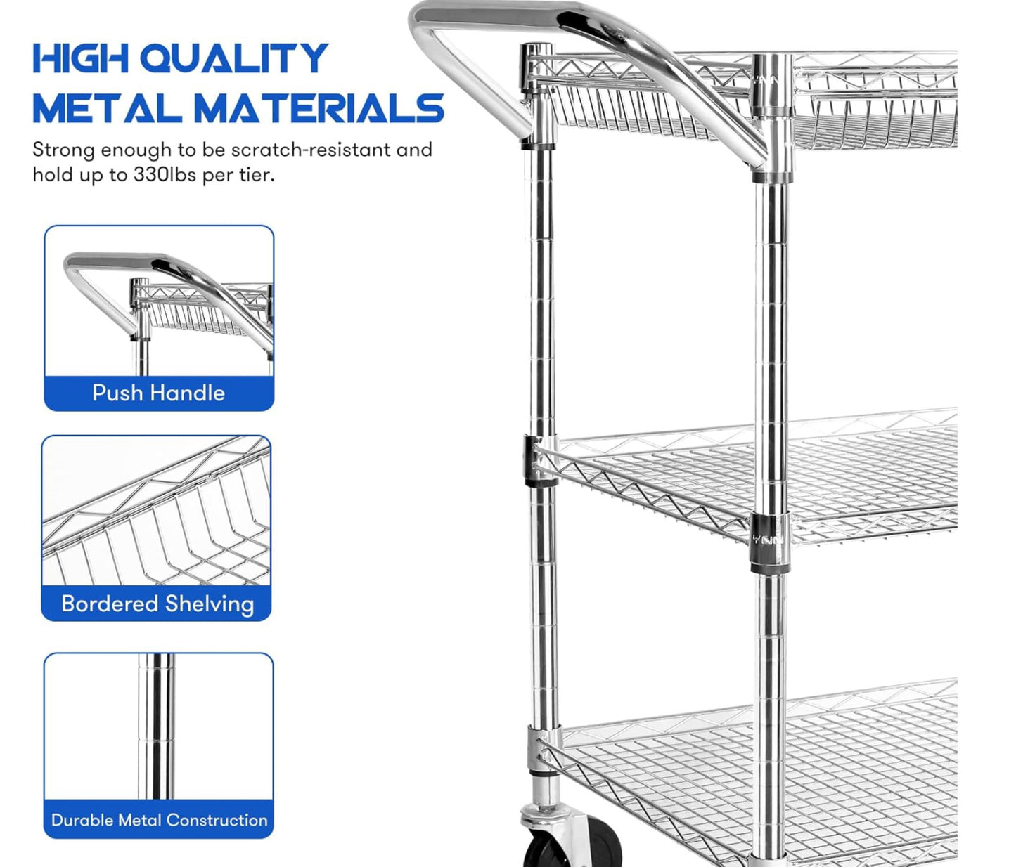 Heavy Duty Utility Cart with Handle 990lbs Capacity Metal 3 Tier Rolling Carts