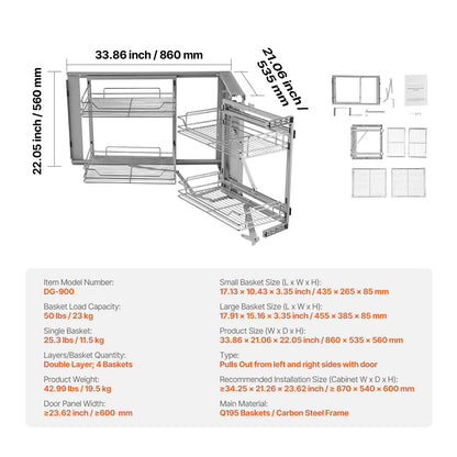 4 Shelf Blind Corner Pull Out Organizer 34" Chrome Kitchen Cabinet Basket