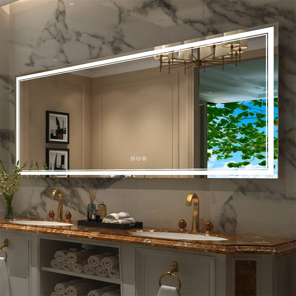 Bathroom Mirror with Front+Backlit Lights Dimmable Wall Vanity Mirrors Anti-Fog