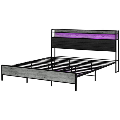 LED King Size Bed Frame with Headboard Charging Station, Cement Gray