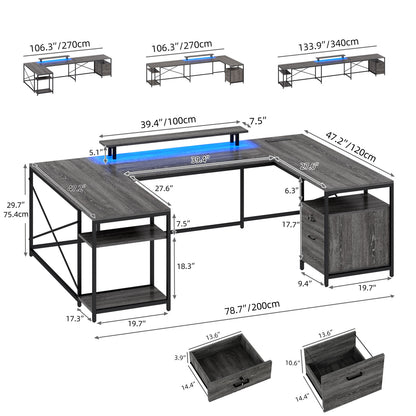 79" L-Shaped Desk U Shaped Gaming Desk Computer Desk with LED Strip & Outlets