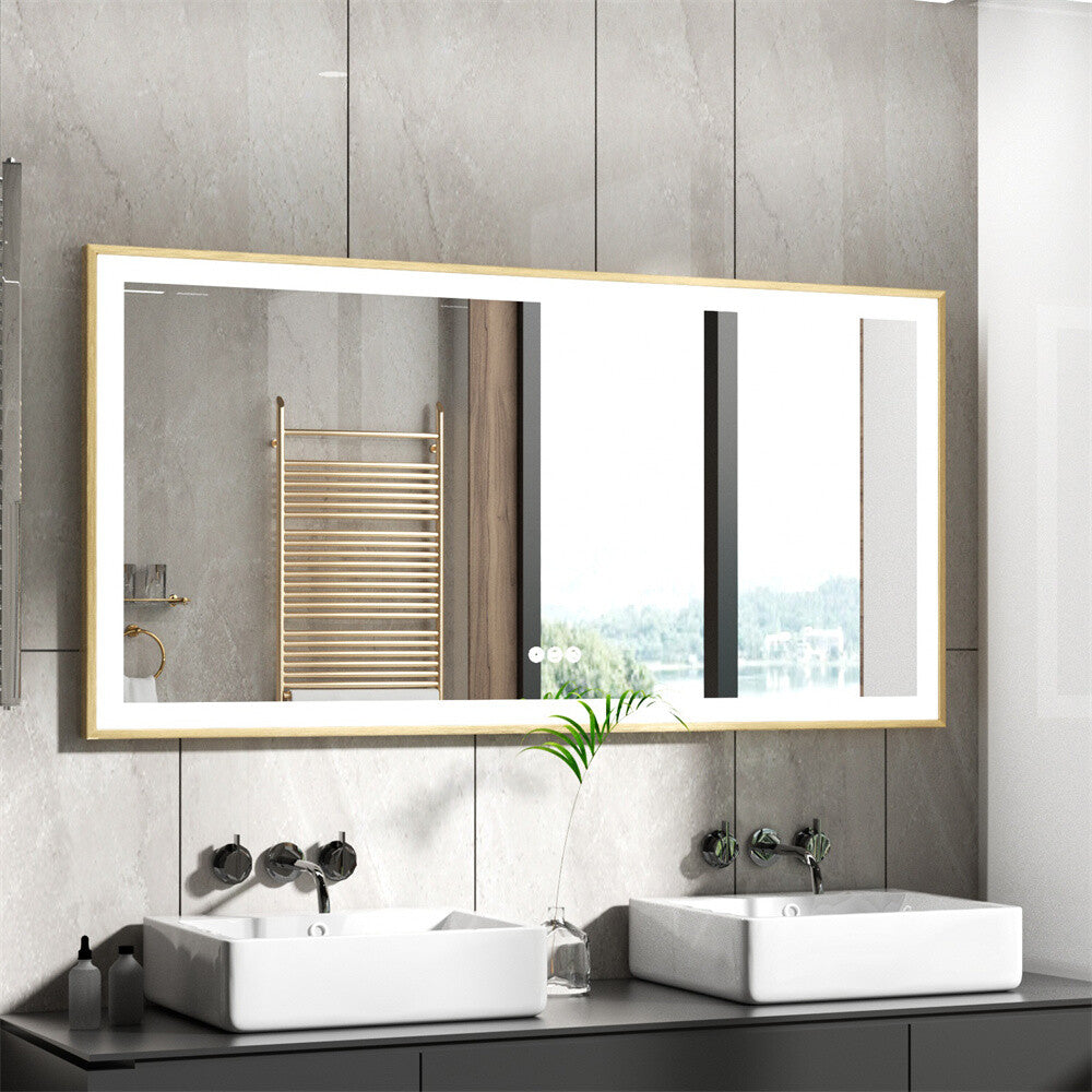 LED Mirror Bathroom Wall Mirrors w/ Lights Gold Frame Dimmable 3 Colors Anti-fog