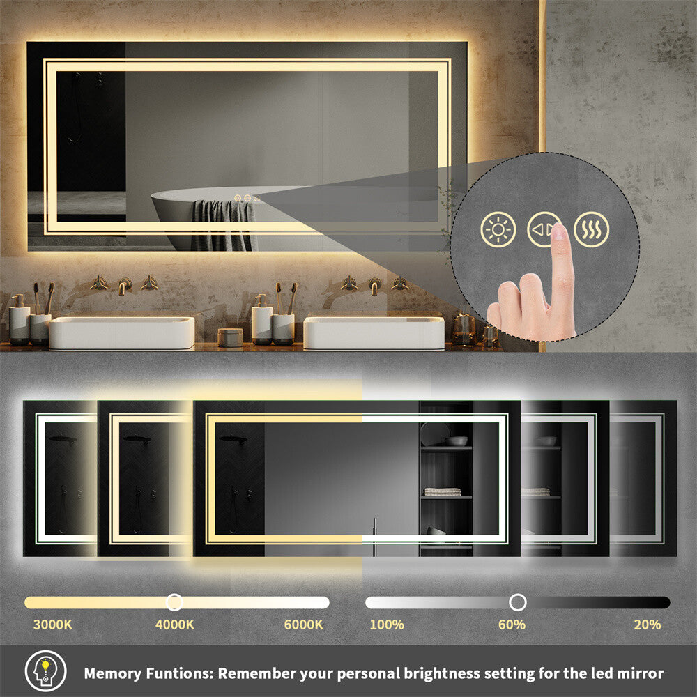 Bathroom Mirror with Front+Backlit Lights Dimmable Wall Vanity Mirrors Anti-Fog