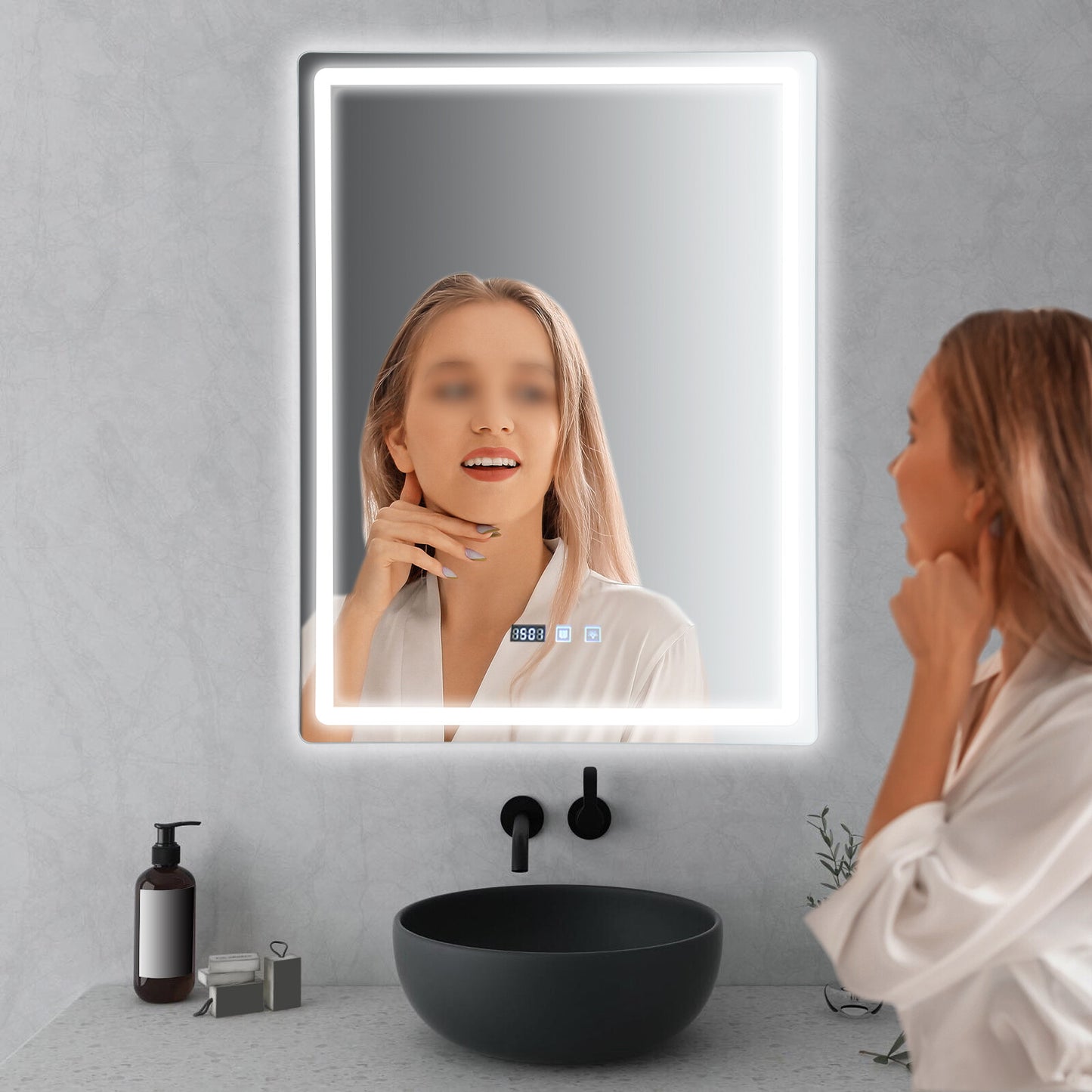 Dimmable LED Bathroom Mirror with Anti-Fog Function and Time Display 60×80 cm
