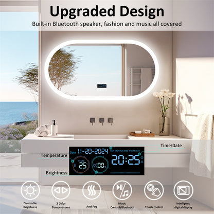 LED Bathroom Mirror Anti-fog Wall Vanity Mirror Bluetooth Intelligent Display HD