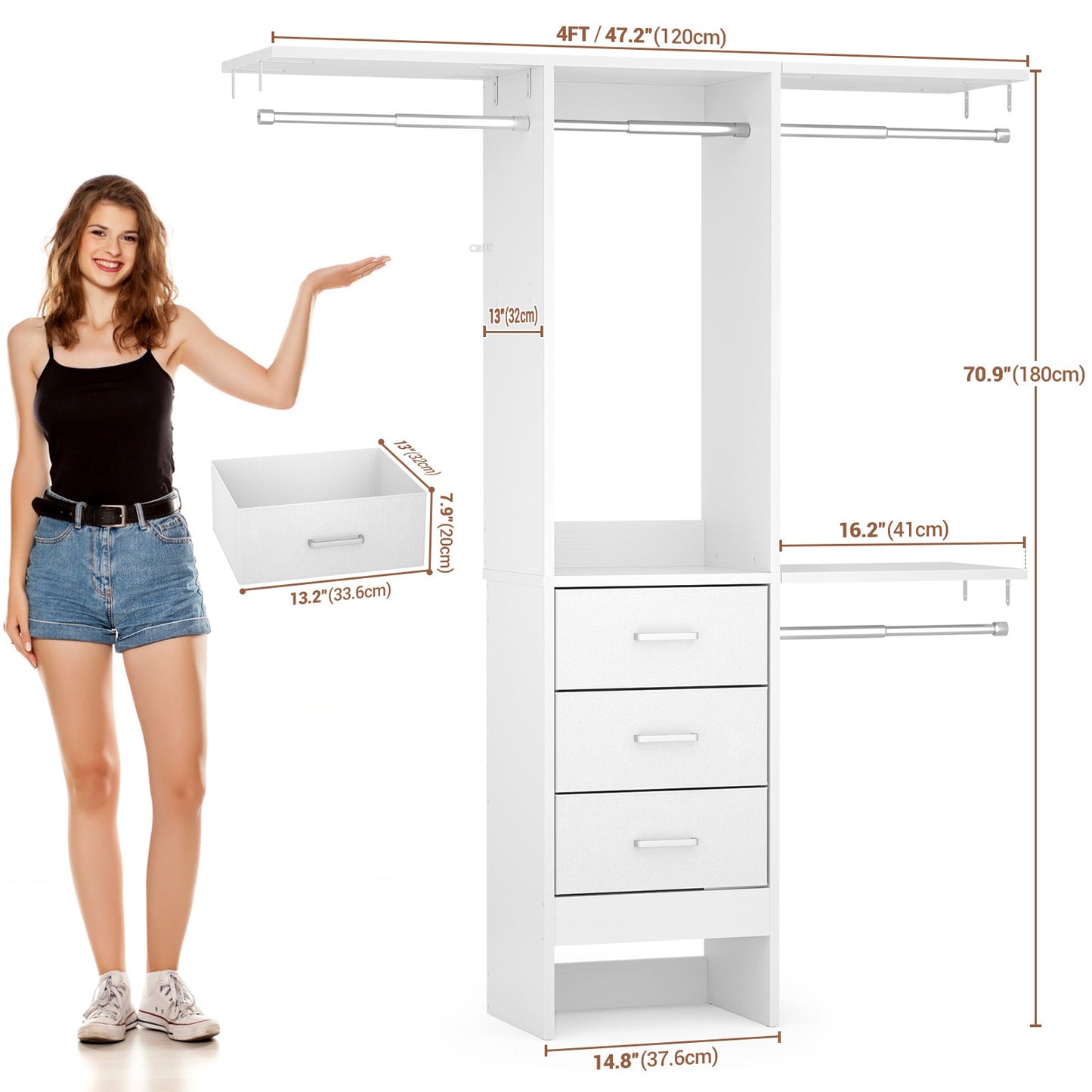 48'' Closet System with 3 Drawers Closet Organizer System Built-In Clothes Rack