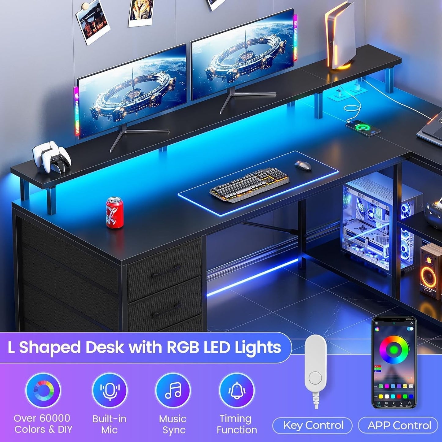 L Shaped Desk with 4 Drawers &Storage Shelves, Corner Computer Desk w/LED Lights