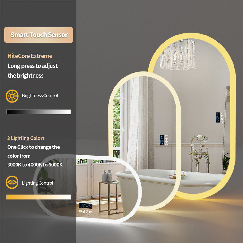 Large Bluetooth LED Bathroom Mirror Wall Vanity Mirror Dimmable Anti-fog Touch