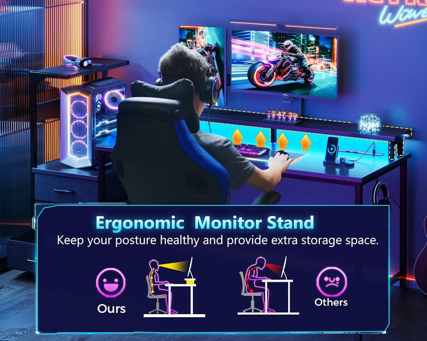 59 Inch Gaming Desk with USB Charging Ports & LED Light - Reversible Computer De