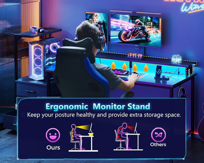 59 Inch Gaming Desk with USB Charging Ports & LED Light - Reversible Computer De