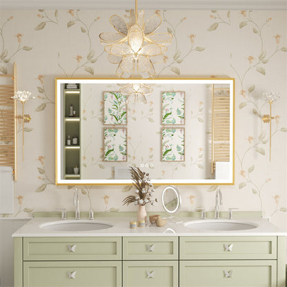 LED Mirror Bathroom Wall Mirrors w/ Lights Gold Frame Dimmable 3 Colors Anti-fog