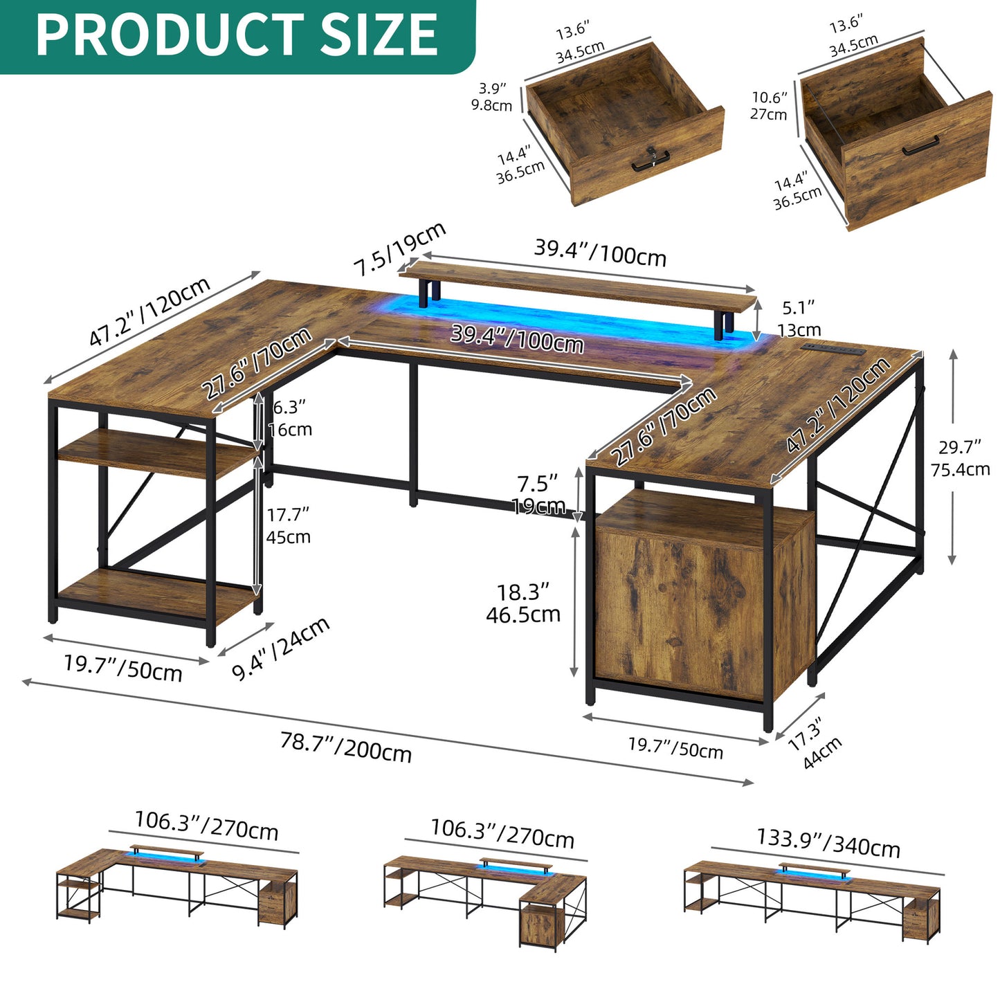 79 inch U Shaped Desk with Power Outlets & LED Lights Reversible Computer Desk
