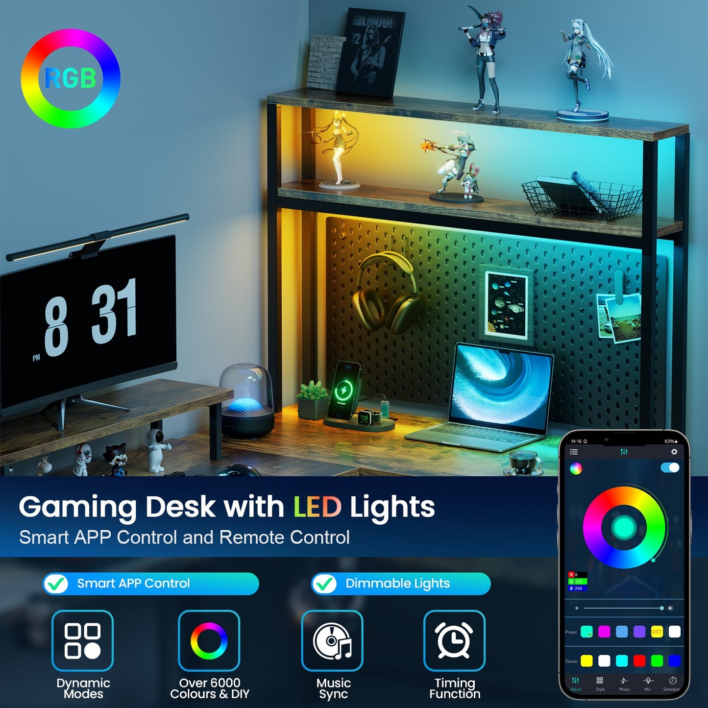 L Shaped Gaming Desk with LED & Power Outlets, Computer Desk with Monitor Stand