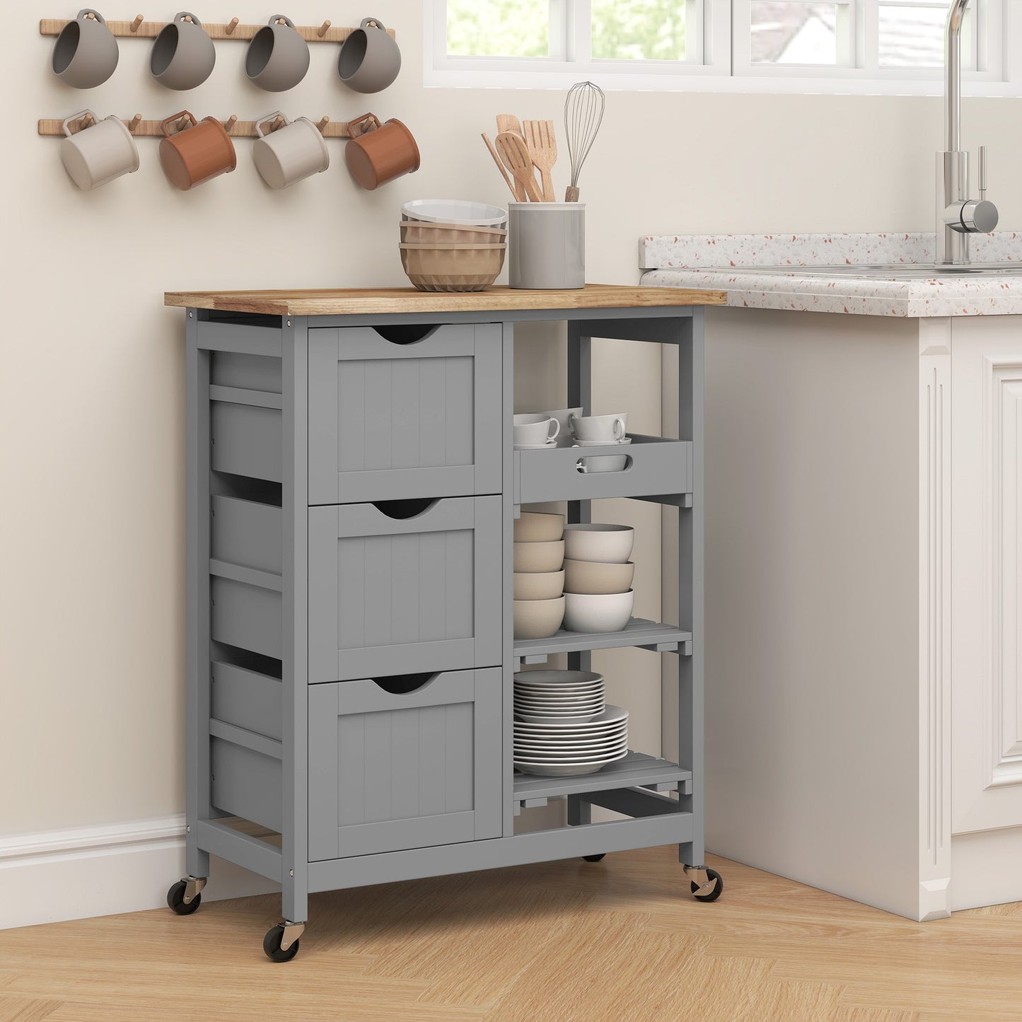Rolling Kitchen Island Cart, Bar Serving Cart with Drawers, Gray