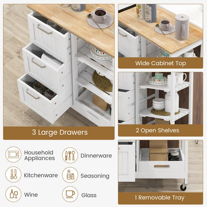Kitchen Island Cart Mobile Storage Organizer w/ 3 Large Drawers 2 Open Shelves