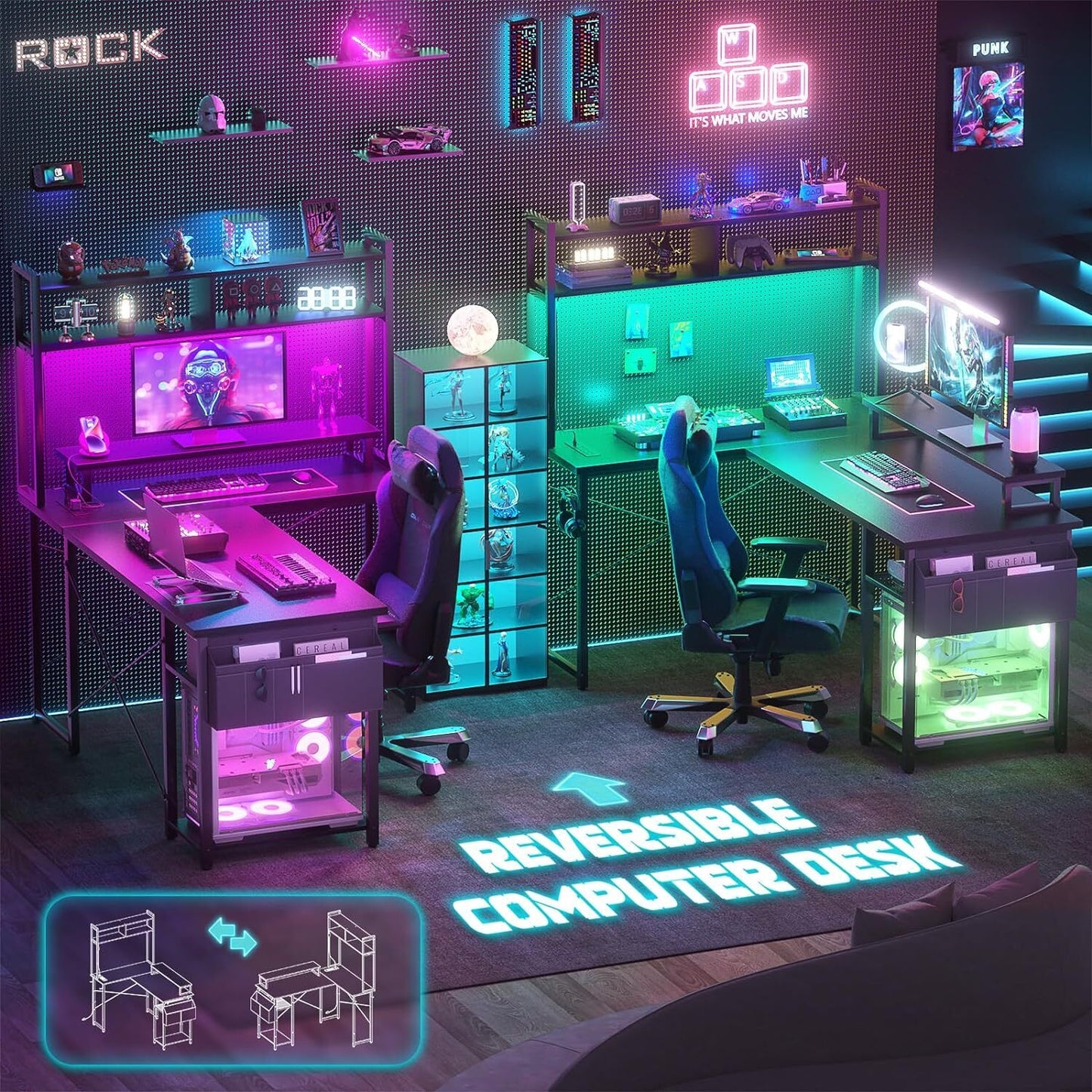 Reversible L-Shaped Computer Desk Gaming Desk with LED Lights and Power Outlets