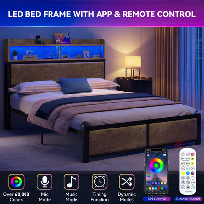 Full Size Bed Frame,LED Bed Frame with Headboard,USB Ports & Charging Outlets
