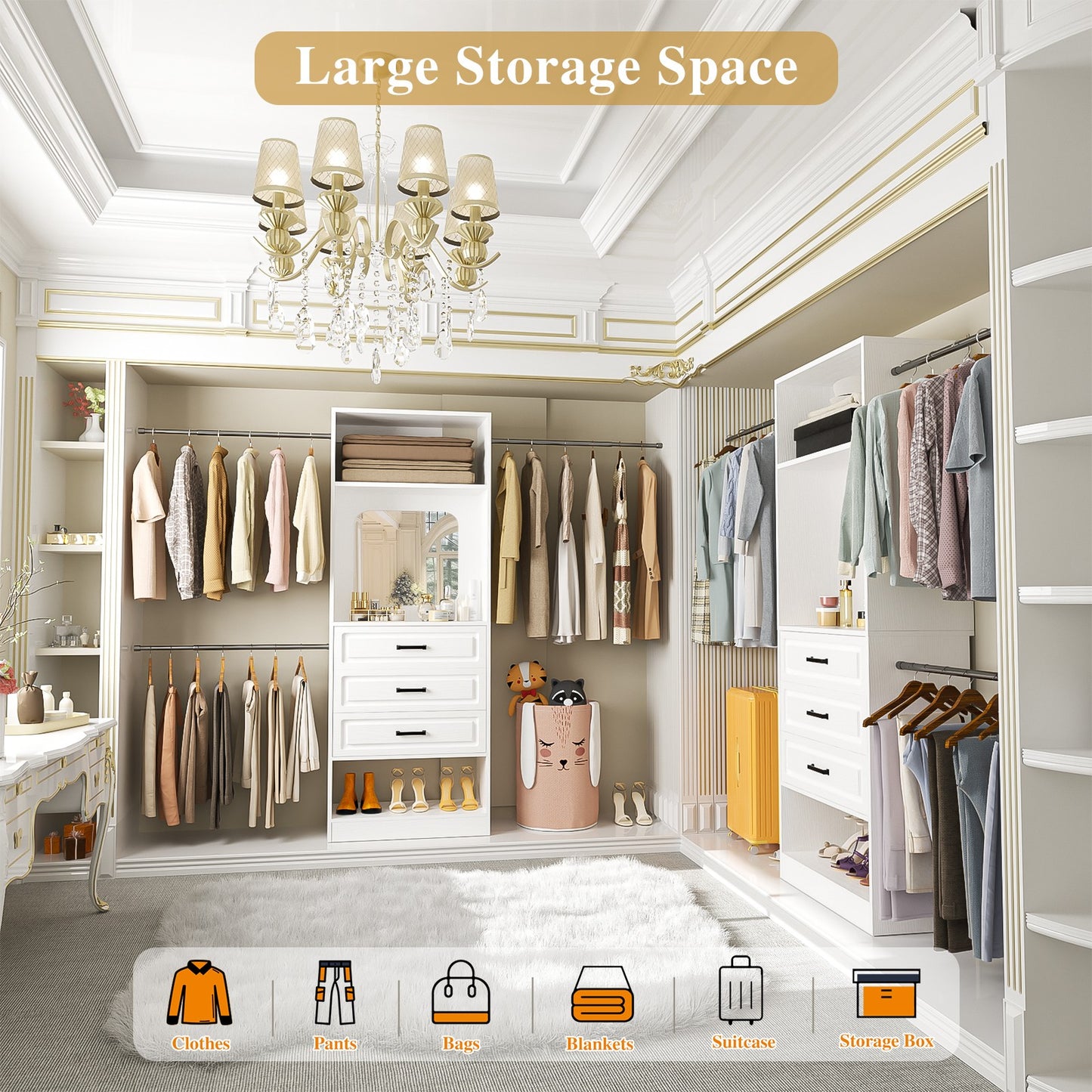48''-96'' Walk-in Closet Organizer System with Mirror ＆ Drawers ＆ 3 Hanging Rods