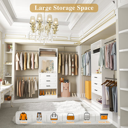 48''-96'' Walk-in Closet Organizer System with Mirror ＆ Drawers ＆ 3 Hanging Rods