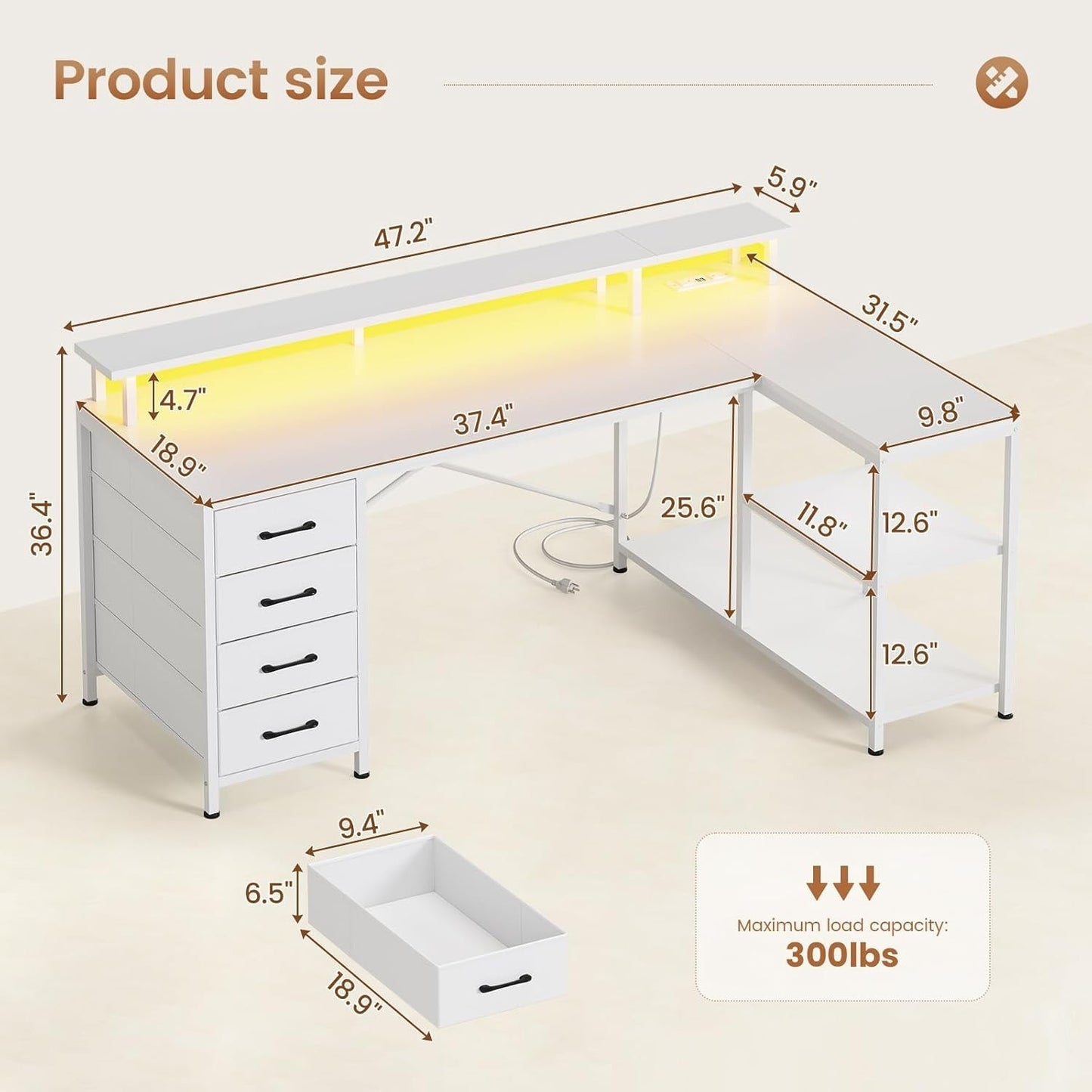 L Shaped Desk with 4 Drawers &Storage Shelves, Corner Computer Desk w/LED Lights