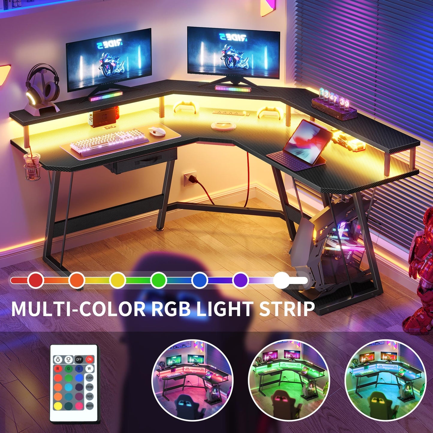 L-Shaped Gaming Desk Corner Table Computer Desk with RGB Light & Power Outlets
