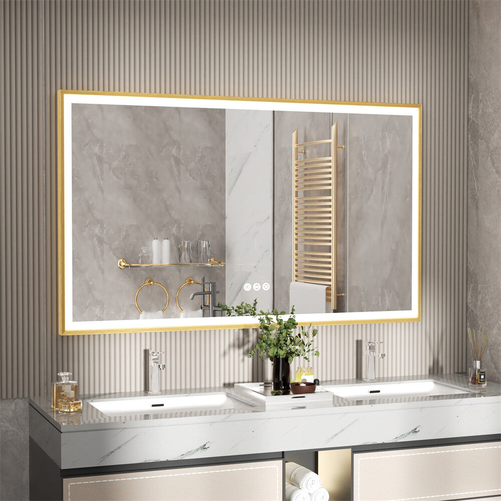 LED Mirror Bathroom Wall Mirrors w/ Lights Gold Frame Dimmable 3 Colors Anti-fog
