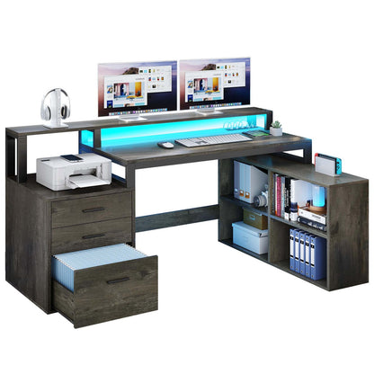 65 in L Shaped Computer Desk with File Drawer Desk w/ Power Outlets & LED Lights