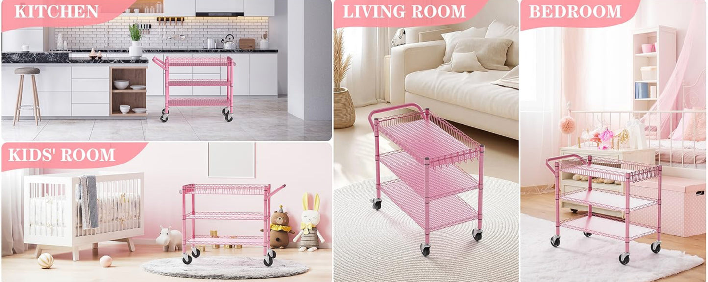 Heavy Duty Utility Cart with Handle 990lbs Capacity Metal 3 Tier Rolling Carts