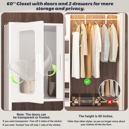 60'' W Walk-in Closet Organizer System with Door Storage Cabinet and Wood Drawer