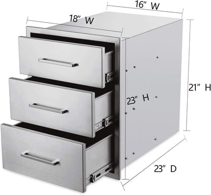 Outdoor Kitchen Drawers Stainless Steel 3-Drawer BBQ Drawer 18"W x 23"H x 23"D