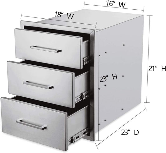 Outdoor Kitchen Drawers Stainless Steel 3-Drawer BBQ Drawer 18"W x 23"H x 23"D