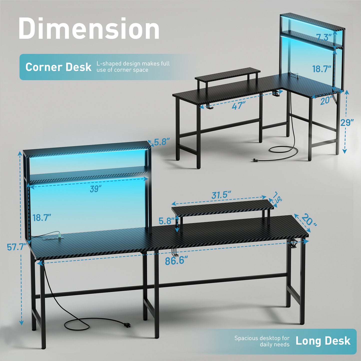 L Shaped Gaming Desk with LED Light & Power Outlet, Reversible Computer Table