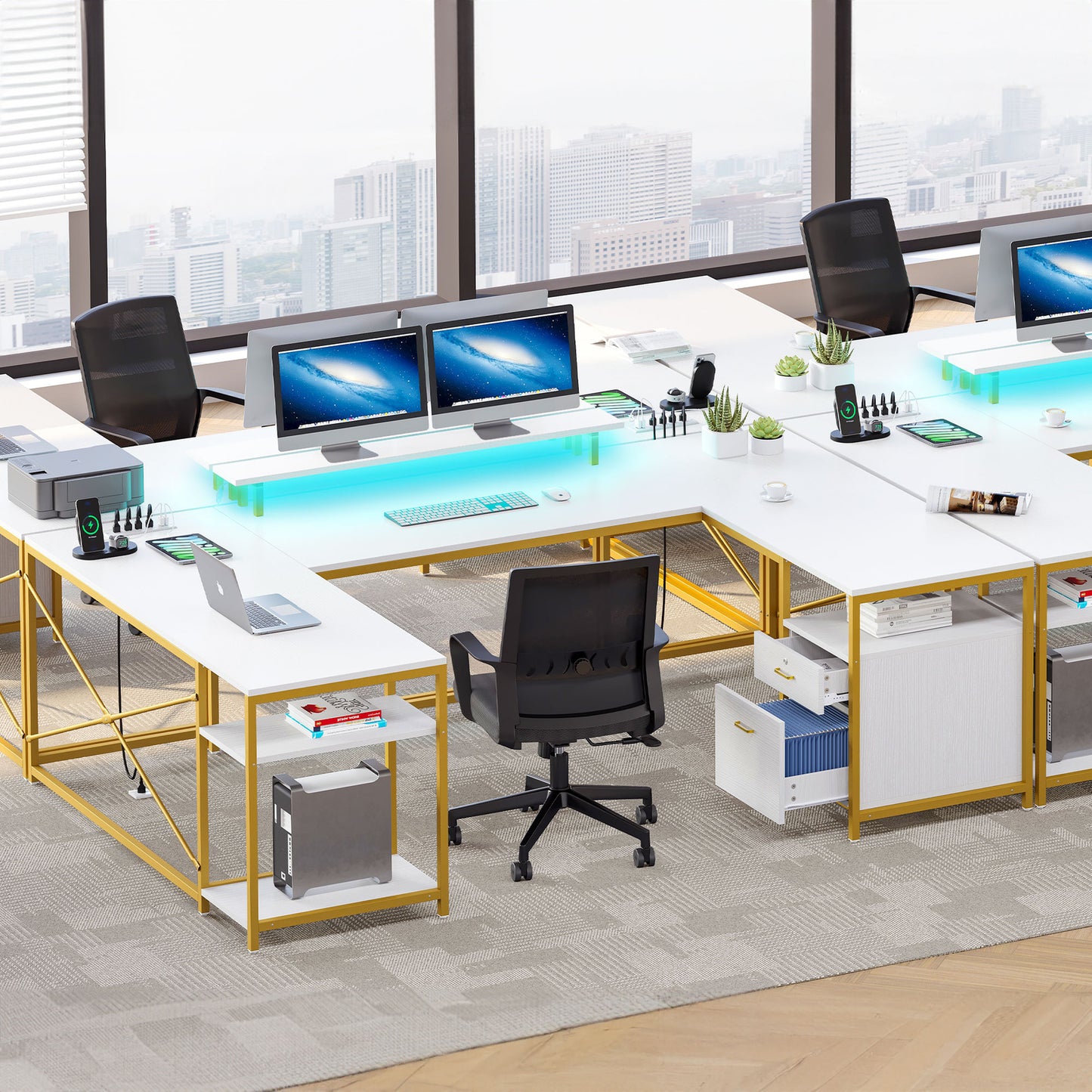 79 inch U Shaped Desk with Power Outlets & LED Lights Reversible Computer Desk